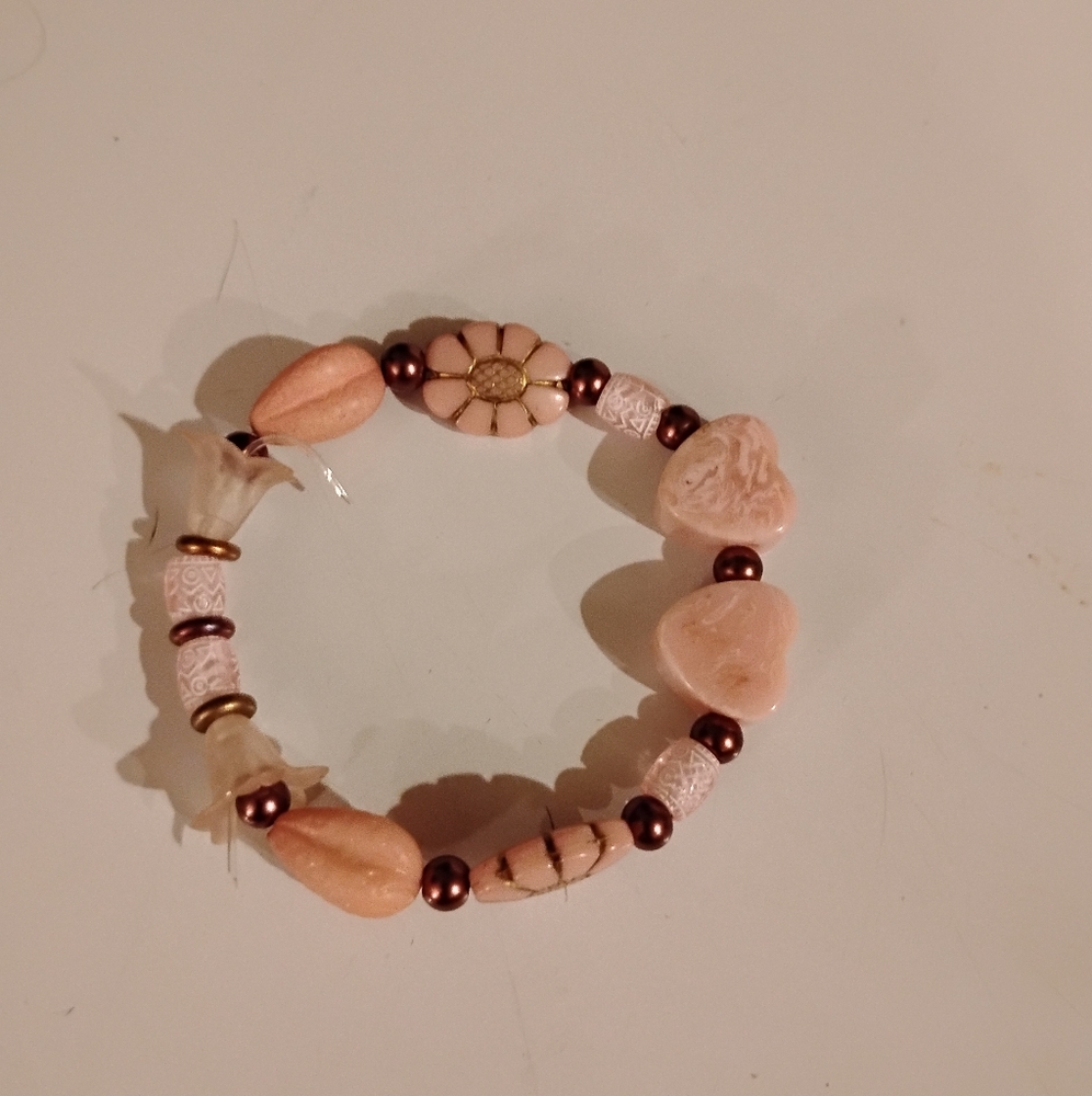 Whimsical Bracelet Handmade Mix Media Beads Glass Acryl Pink Brown Tones Elastic